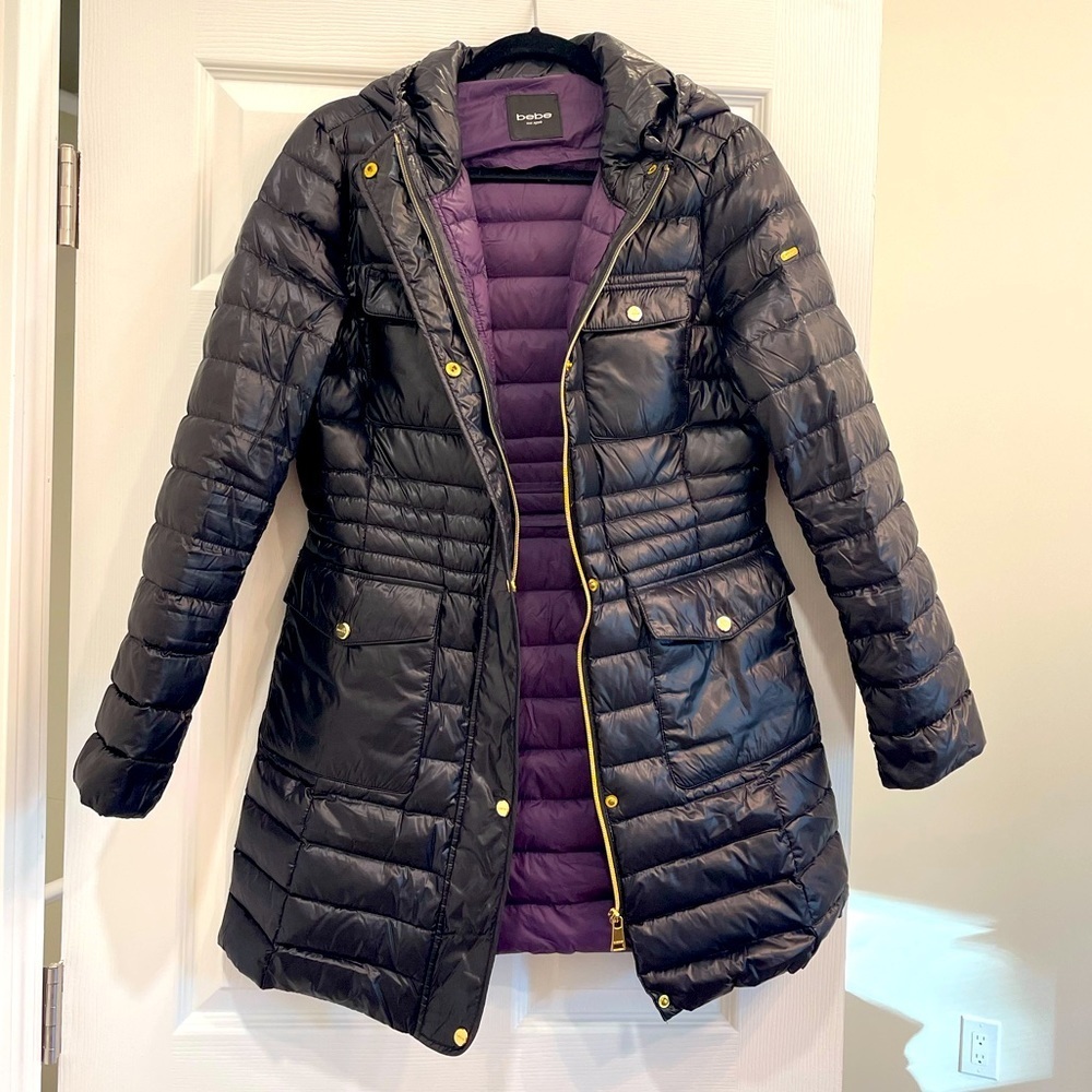 Bebe Black Lightweight Midi Puffer Coat Size M